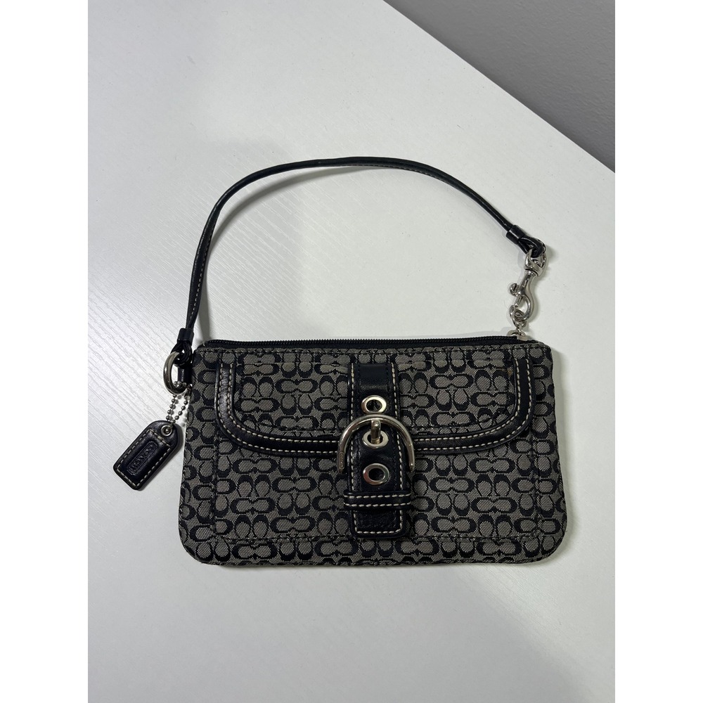 Y2K Coach SoHo Signature Jacquard Buckle Wristlet‎ Black Grey Silver Hardware